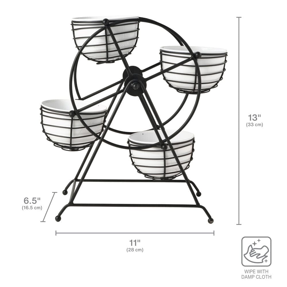Close-up of the elegant design of the Ferris Wheel caddy with white bowls.