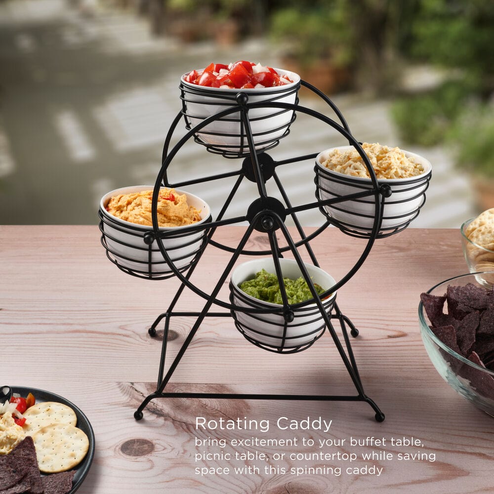 Ferris Wheel serving caddy on a picnic table, beautifully arranged with snacks.