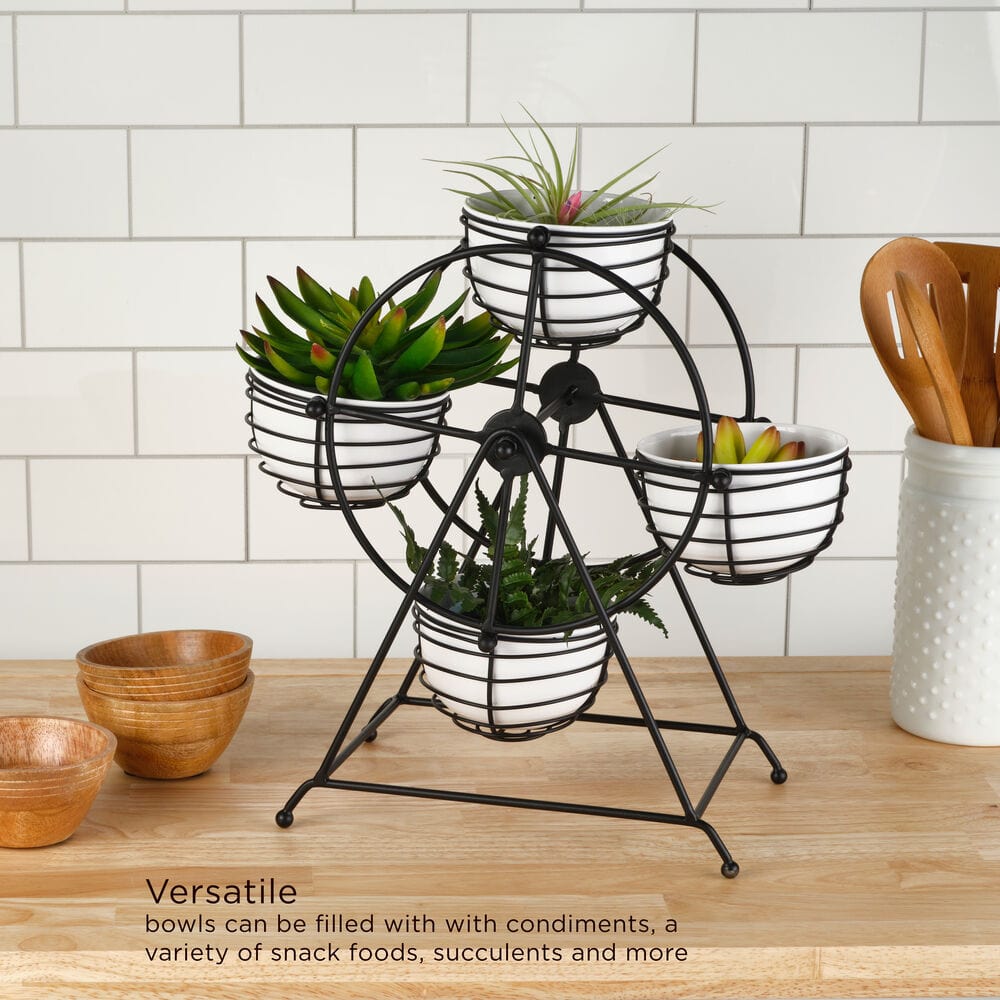 Rotating Ferris Wheel serving caddy showcasing dip bowls filled with condiments.