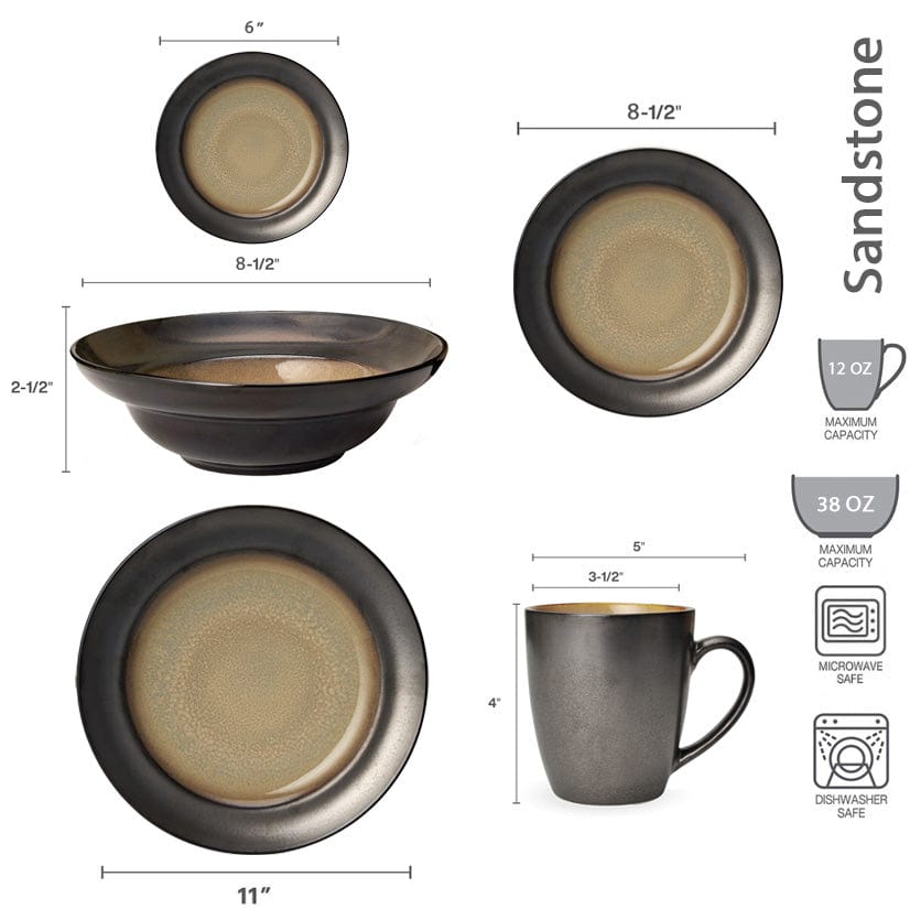 Complete stoneware dish set displayed on a dining table