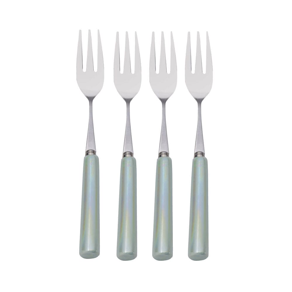 Ceramic handle appetizer forks arranged on a dinner table, stylish flatware for entertaining
