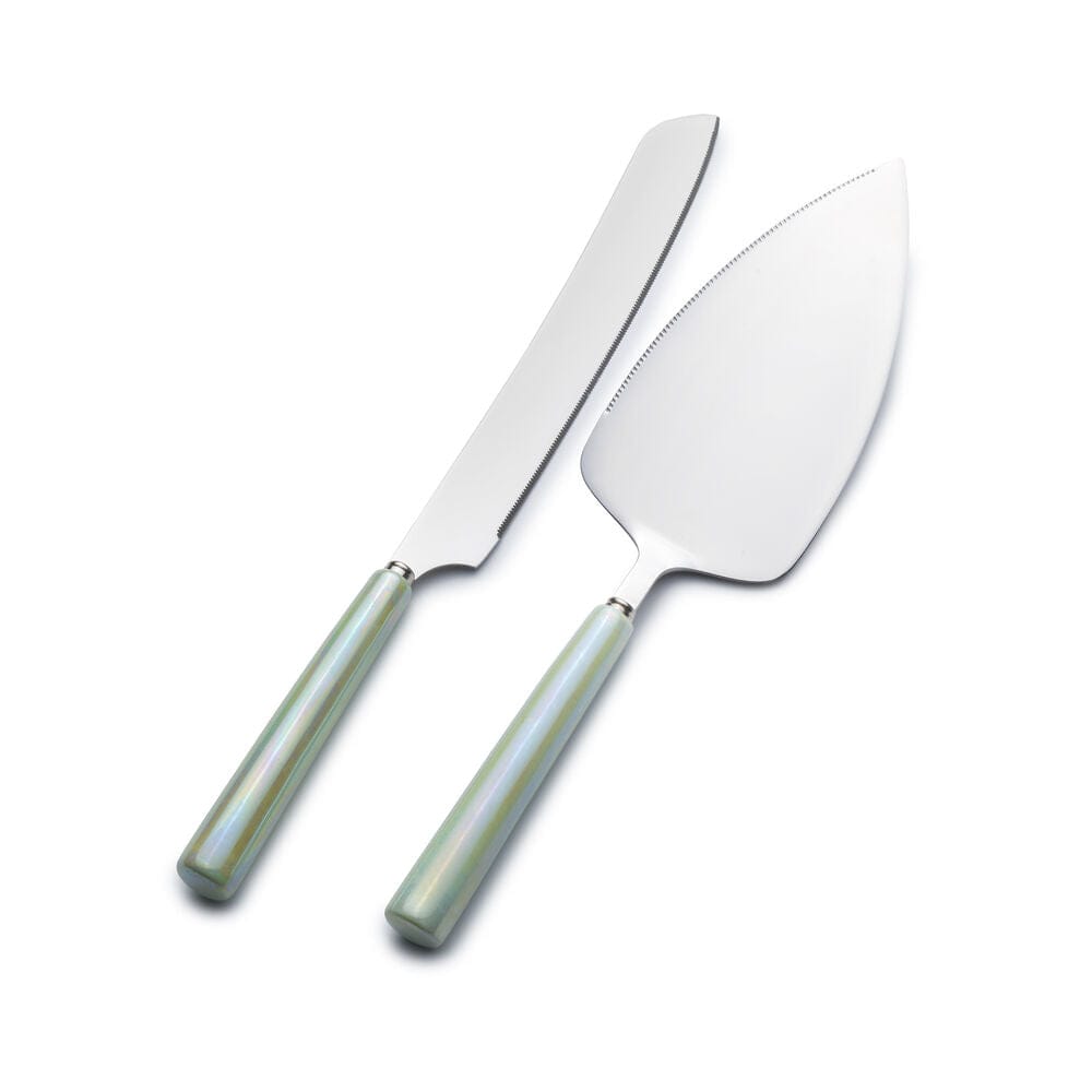 Close-up of the green ceramic handles showing texture and grip of the cake knife and server