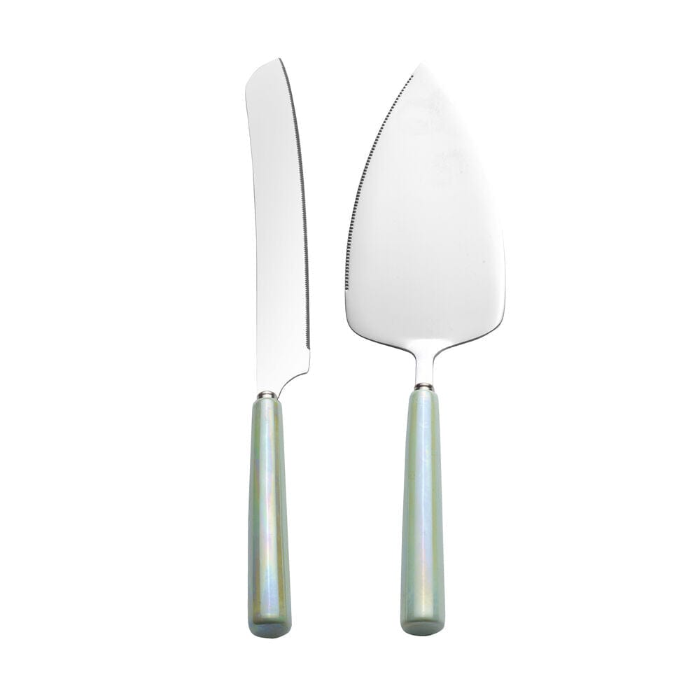 Top-down view of the ceramic handle cake server and knife set on a decorated dessert table