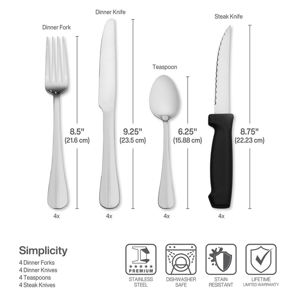 Close-up of the elegant flatware set for everyday dining, showing the stainless steel finish