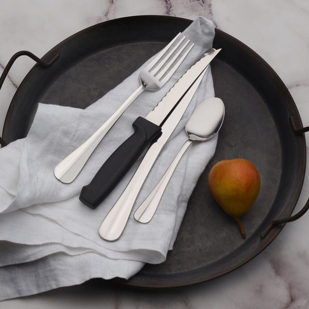 Close-up of the elegant flatware set for everyday dining, showing the stainless steel finish
