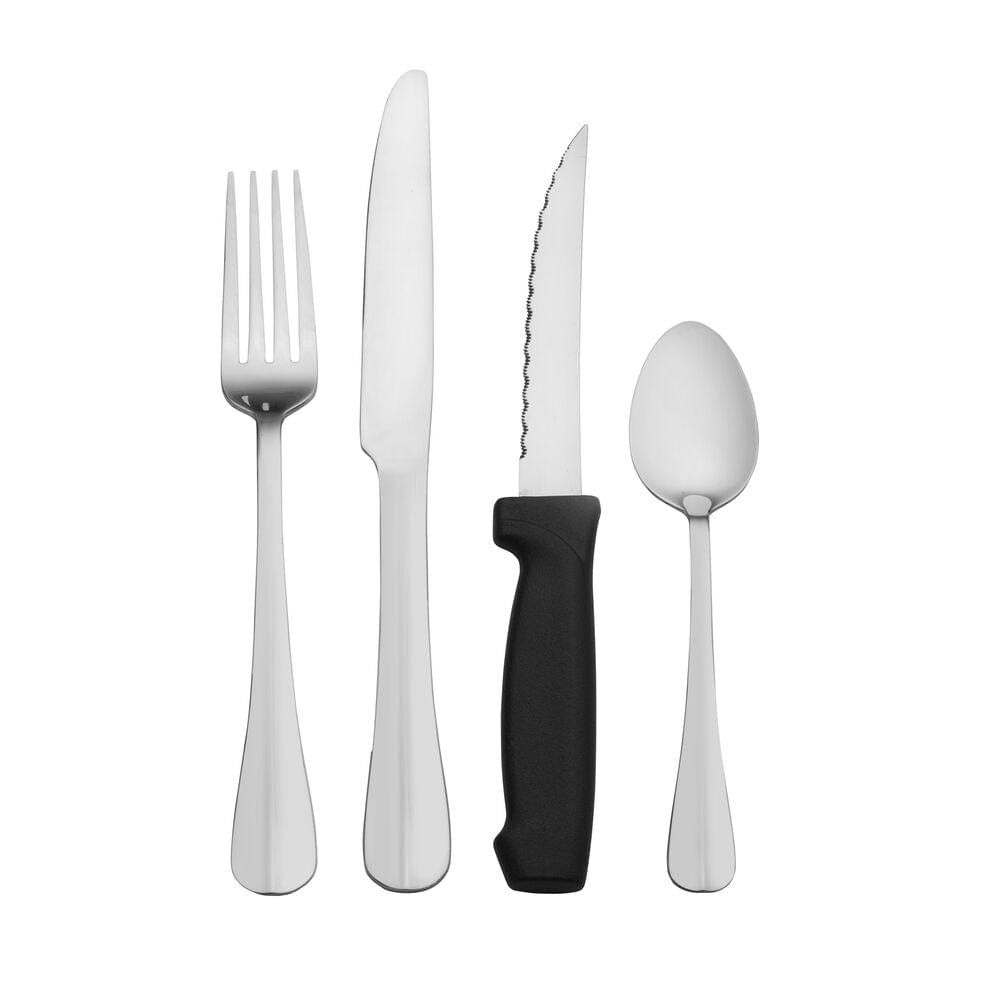 Close-up of the elegant flatware set for everyday dining, showing the stainless steel finish