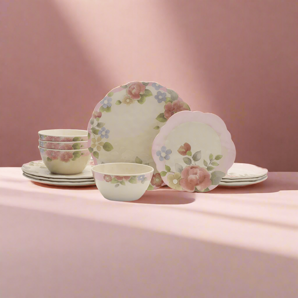Outdoor dinner set with scalloped edges and floral design for patio use