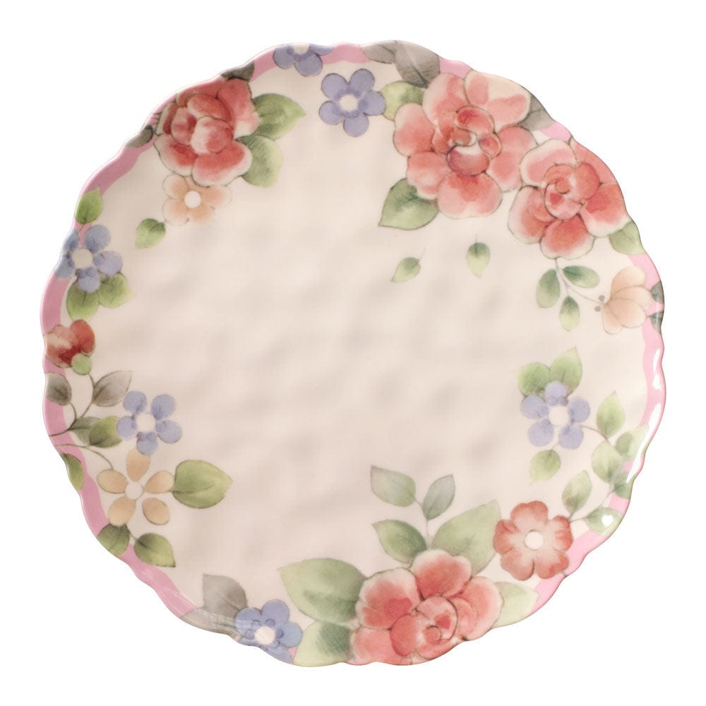 Set of BPA-free melamine dinnerware plates and bowls on patio table