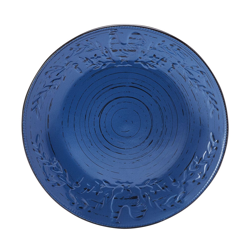 All-purpose bowls from Trellis Rooster Blue dinnerware set on a rustic table