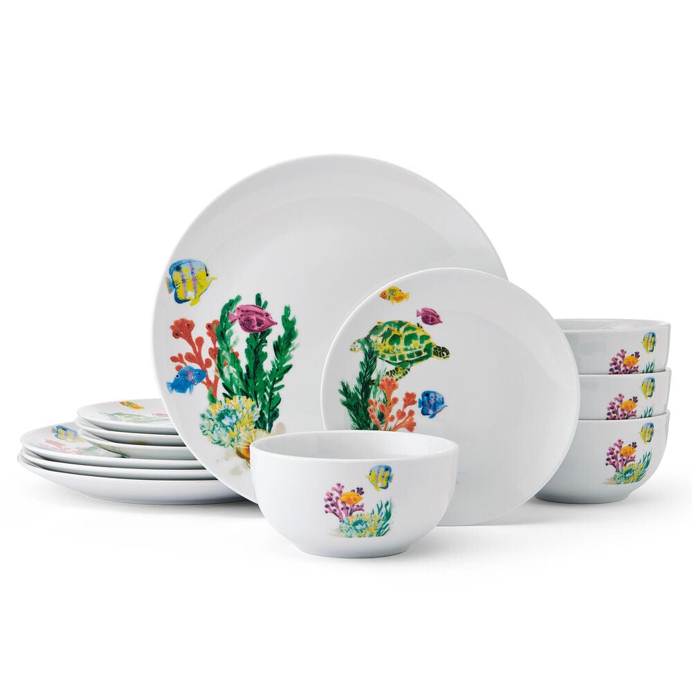 Family enjoying a meal with underwater life dinnerware set at beach house