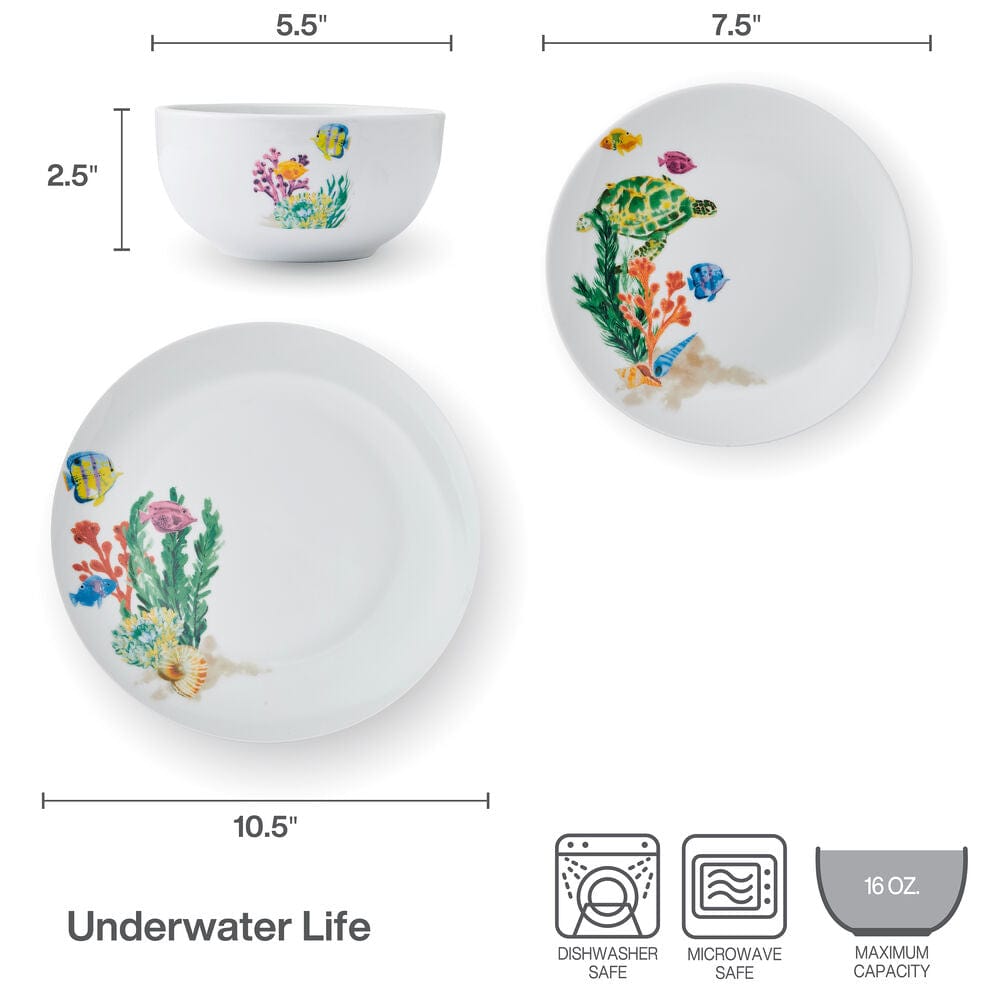 Stacked ocean-themed tableware showcasing vibrant marine designs