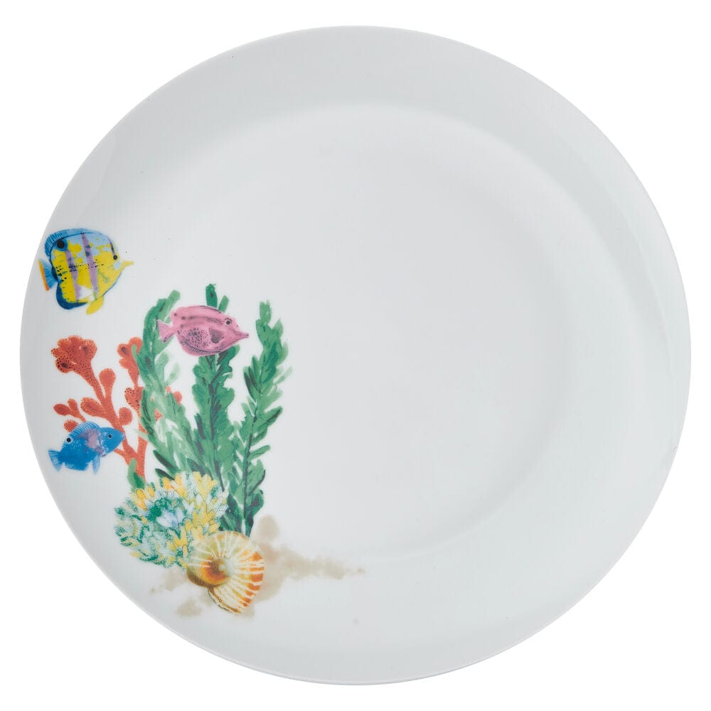 Close-up of colorful fish and sea turtle dinnerware for ocean-themed dining