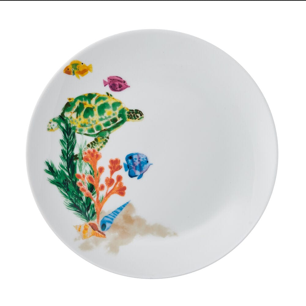 Family enjoying a meal with underwater life dinnerware set at beach house