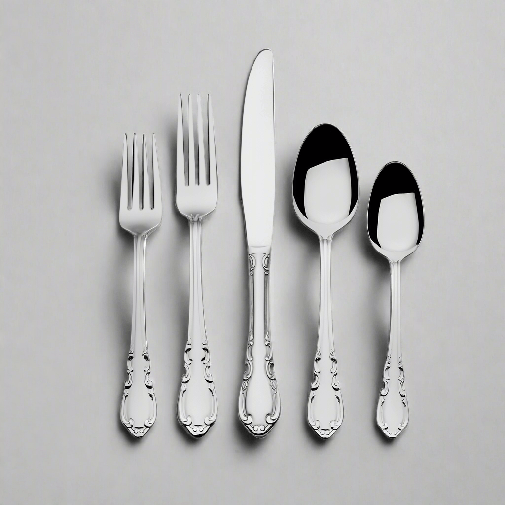 Close-up of stainless steel flatware with scalloped handles for formal dining