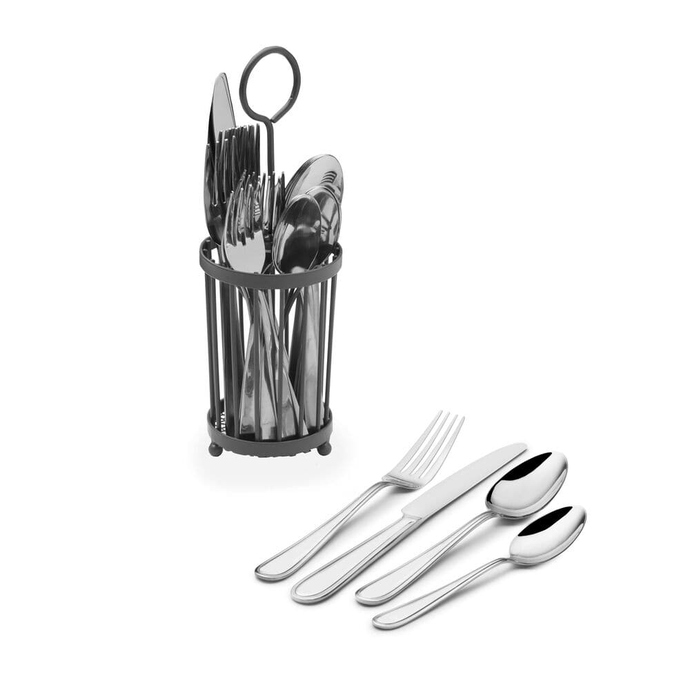 Elegant 16-piece flatware set arranged on a dining table with wire caddy.