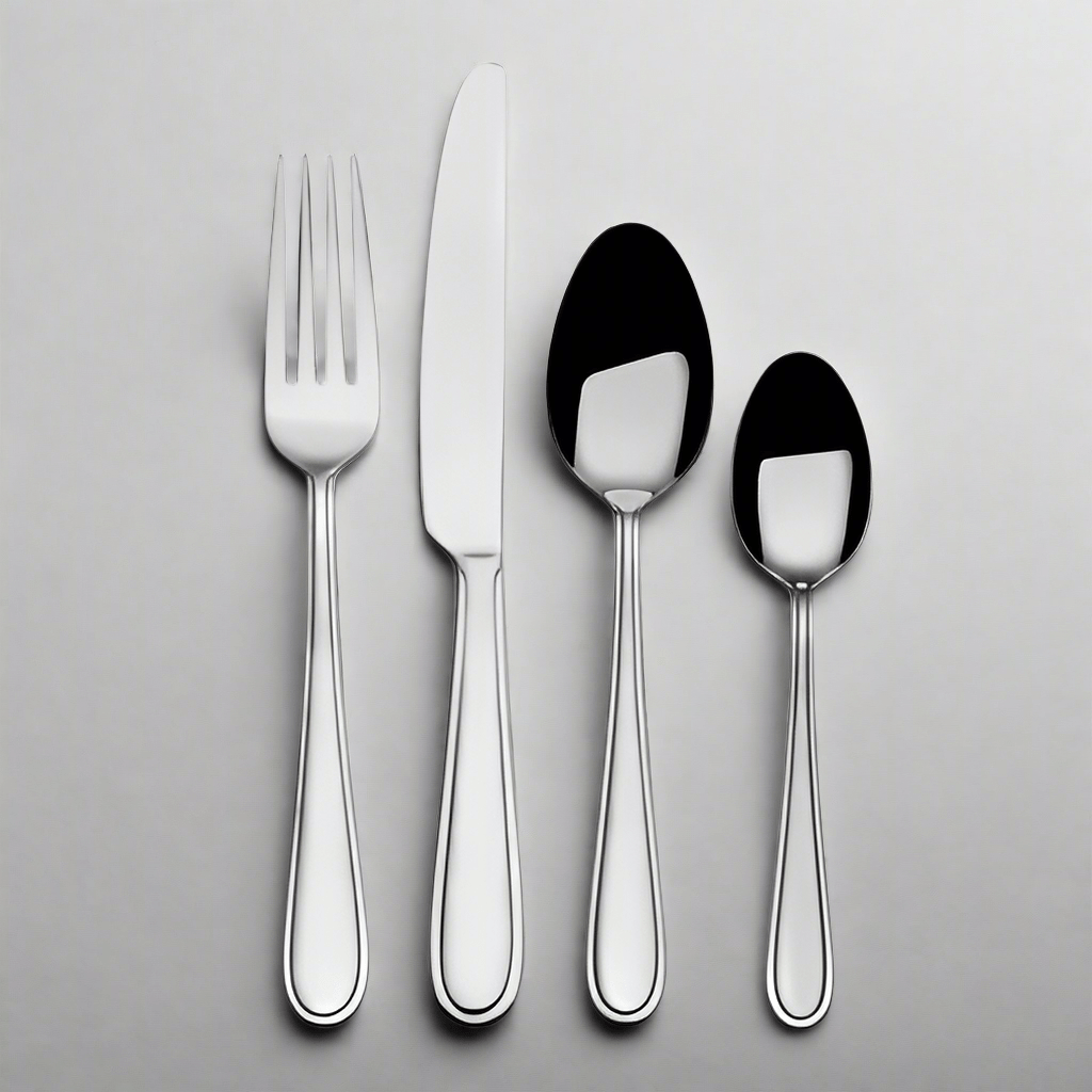 Elegant 16-piece flatware set arranged on a dining table with wire caddy.