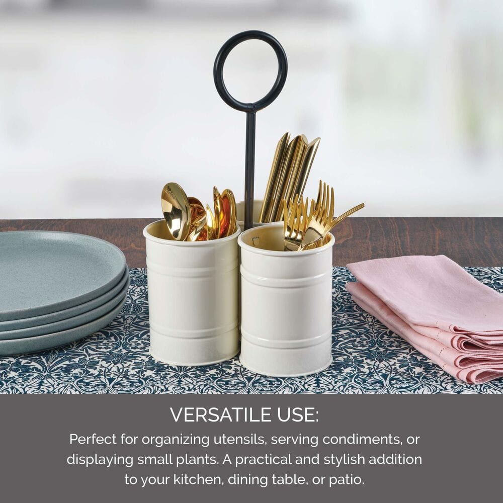 Close-up of white metal storage caddy with utensils inside, highlighting the compartments