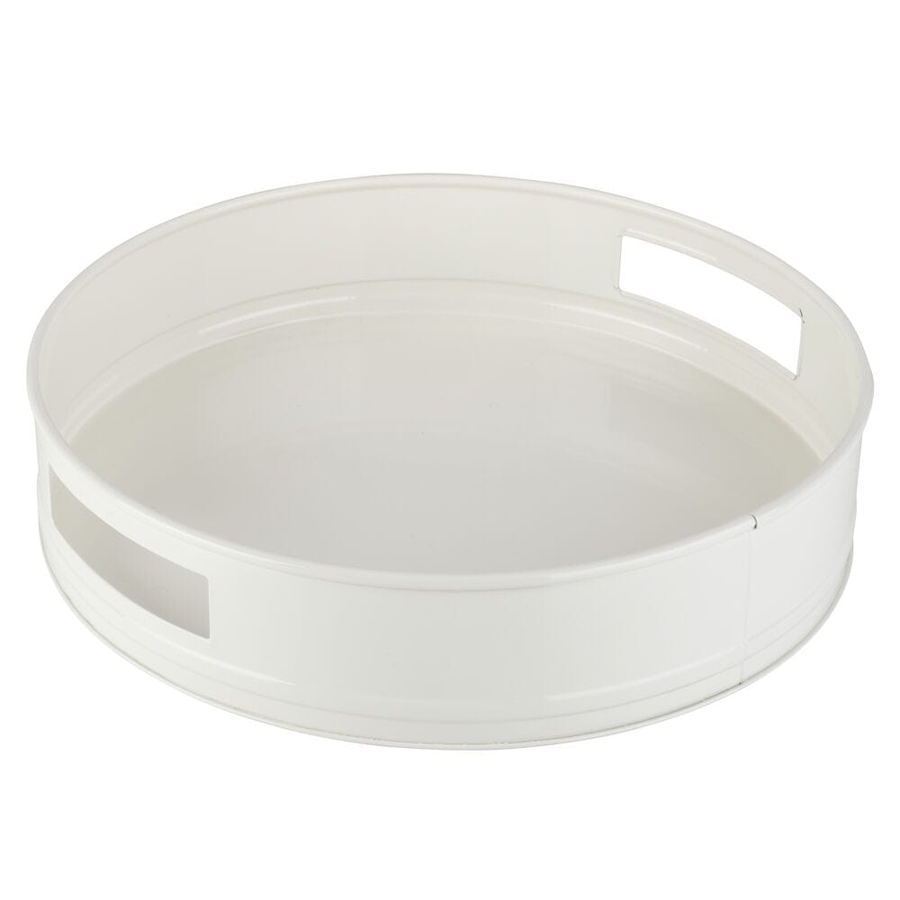 Elegant round metal serving tray showcasing appetizers at a party.
