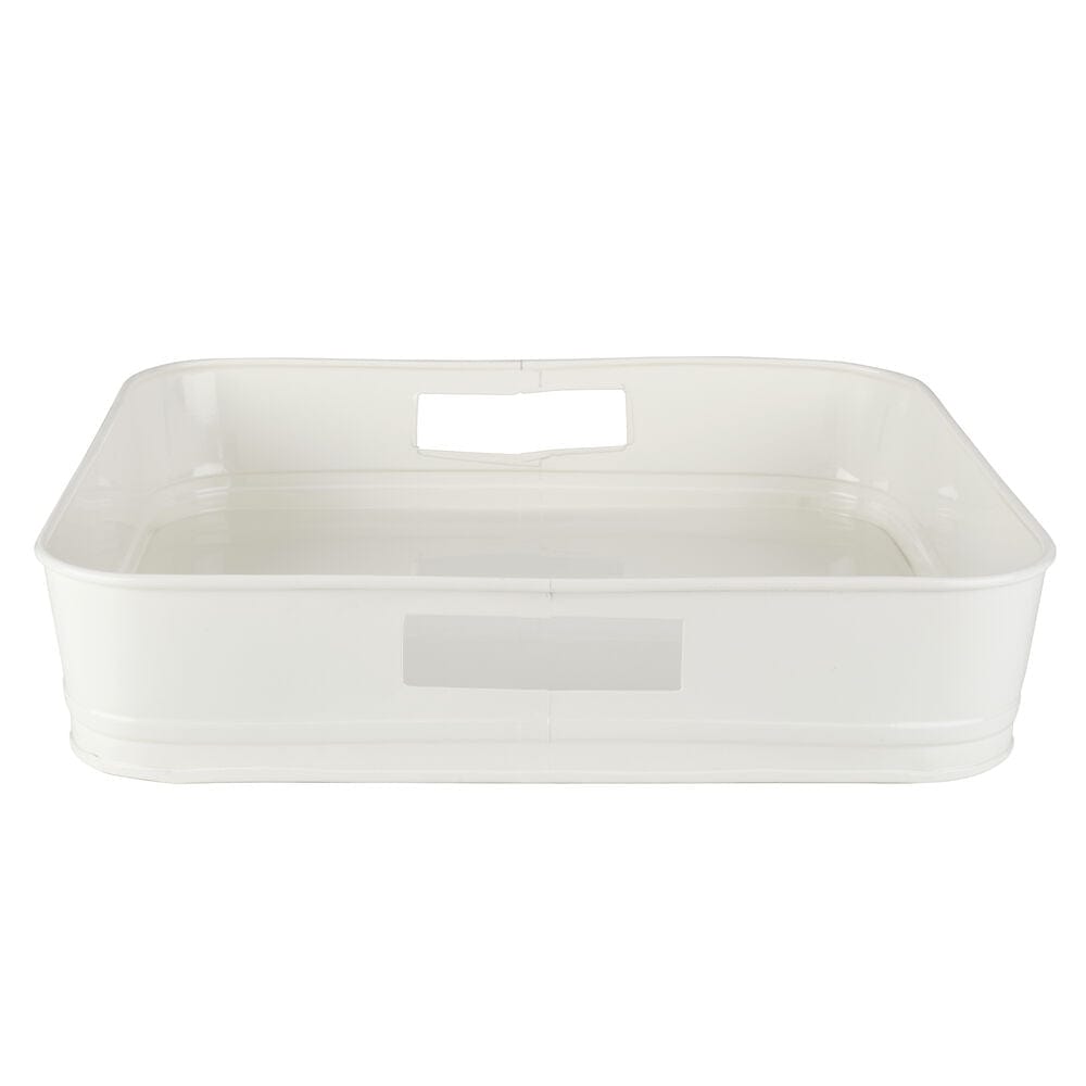 Close-up of Towle metal tray edges highlighting iron craftsmanship and white finish
