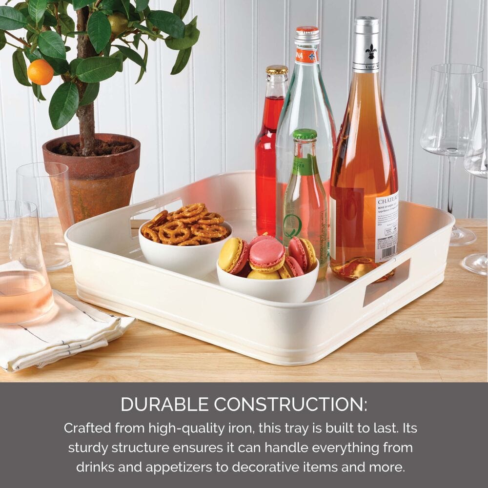Close-up of Towle metal tray edges highlighting iron craftsmanship and white finish