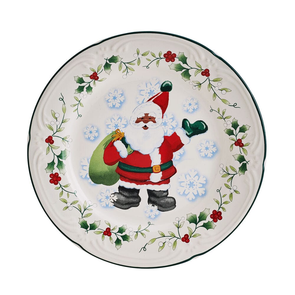 Side view of set of four Santa dinnerware plates stacked neatly on a holiday-themed table setting.