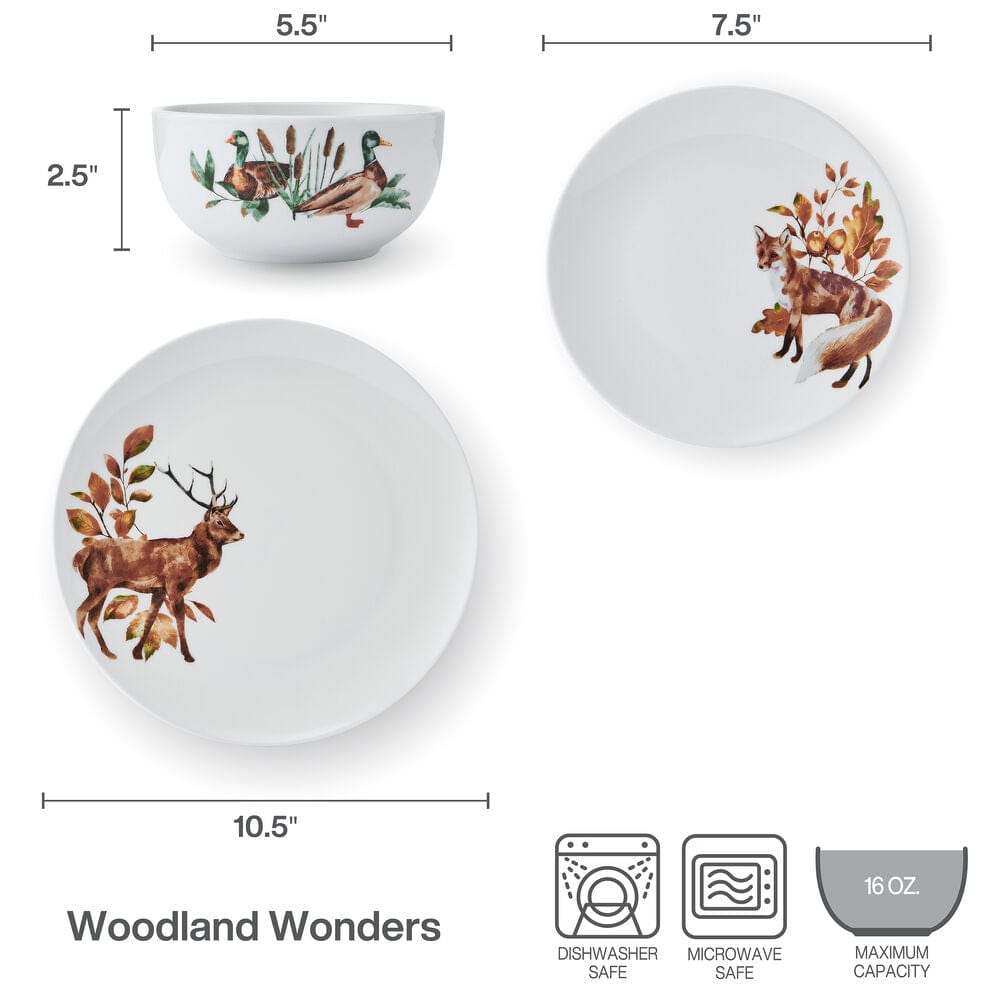 Detailed view of deer, duck, and fox illustrations on ceramic dinnerware pieces