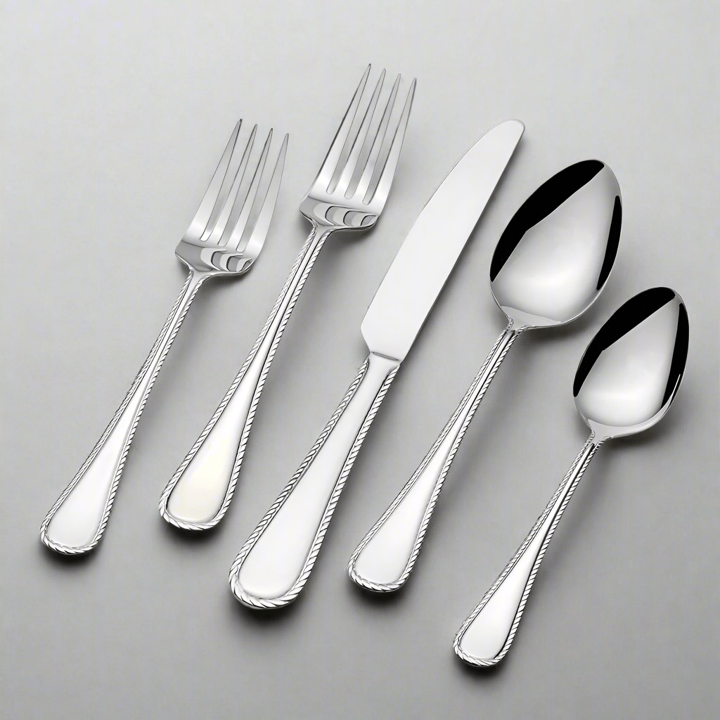 Close-up of stylish stainless steel flatware with teardrop shape and rope detail