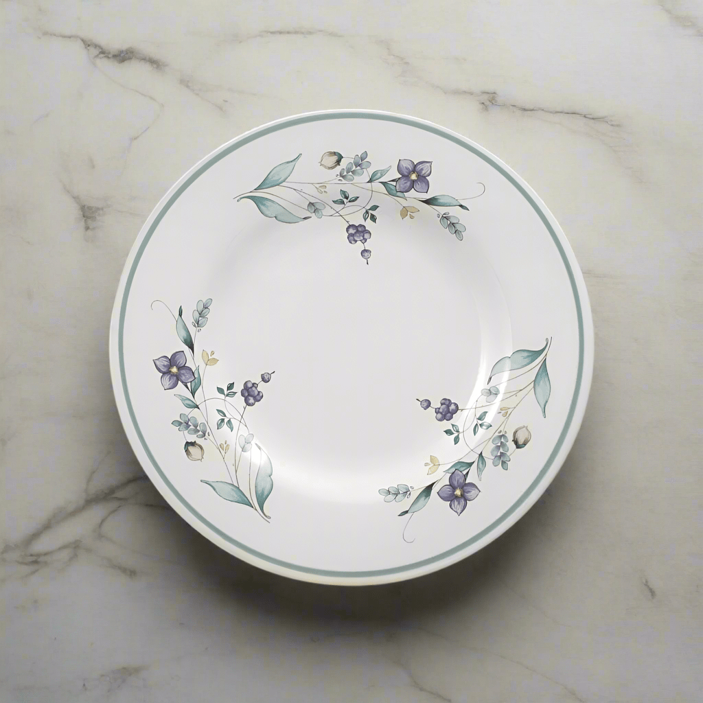 Elegant 8-inch stoneware salad plate on a dining table, perfect for salads and desserts.