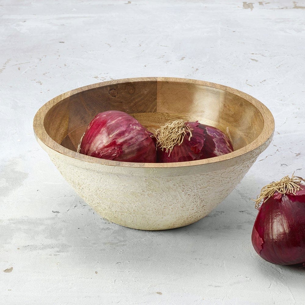 Close-up of the white mango wood deep serve bowl showing distressed edges