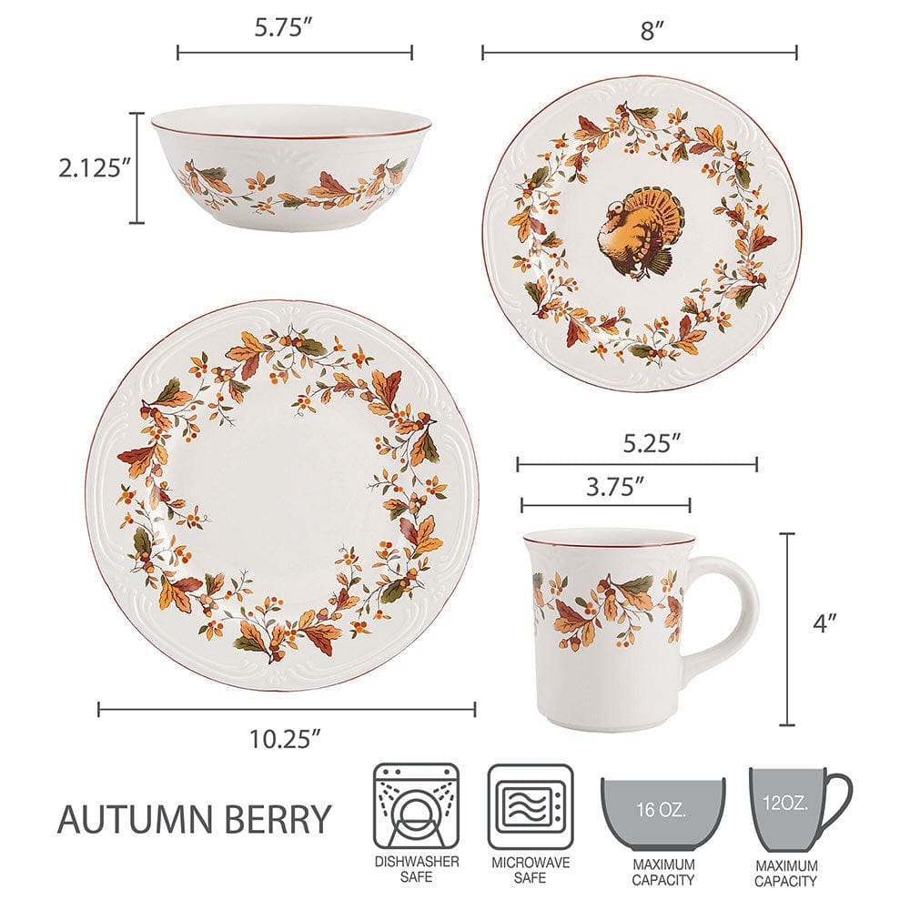 Elegant Autumn Berry Dinner Set with dinner plate, salad plate, bowl, and mug arranged on a dining table.