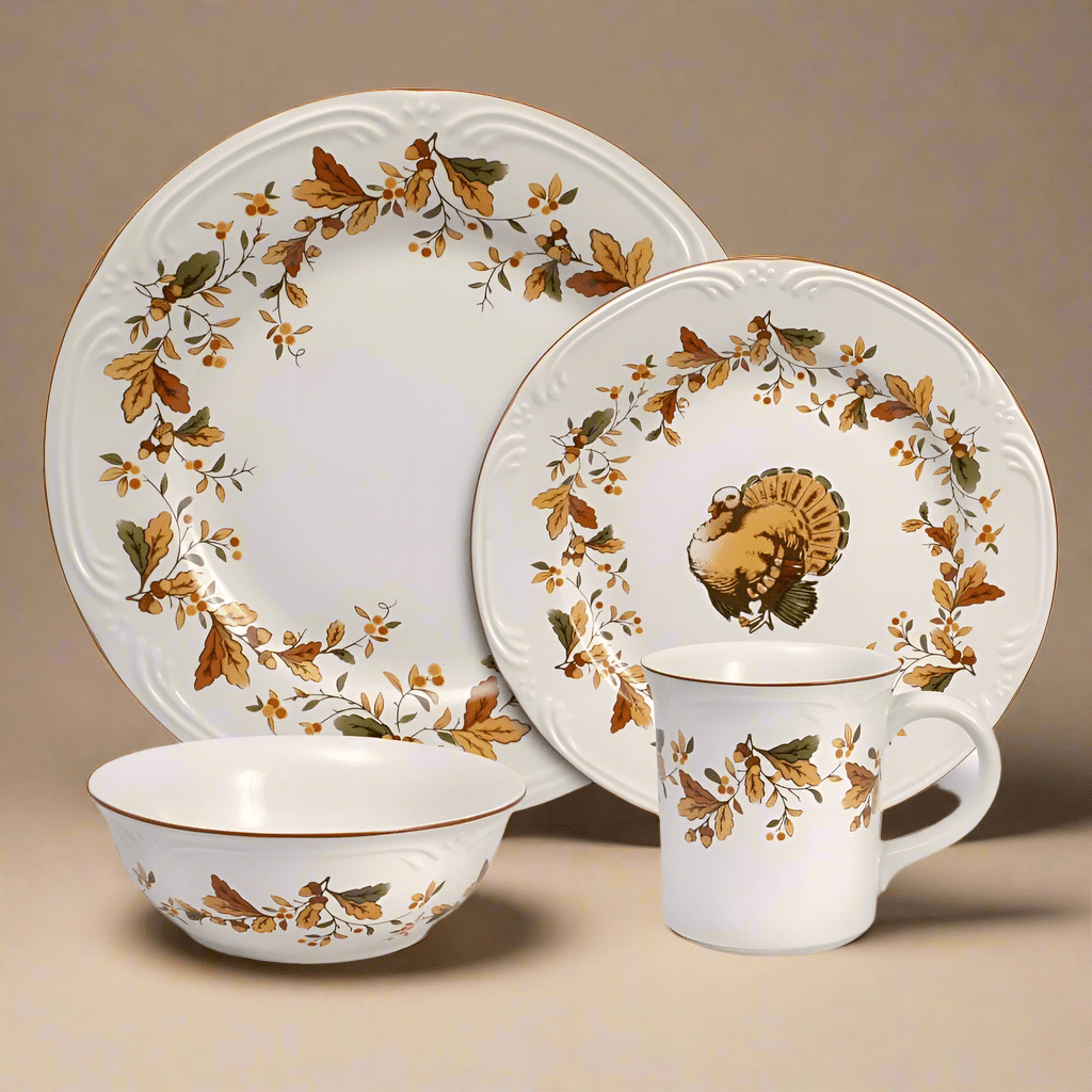 Elegant Autumn Berry Dinner Set with dinner plate, salad plate, bowl, and mug arranged on a dining table.