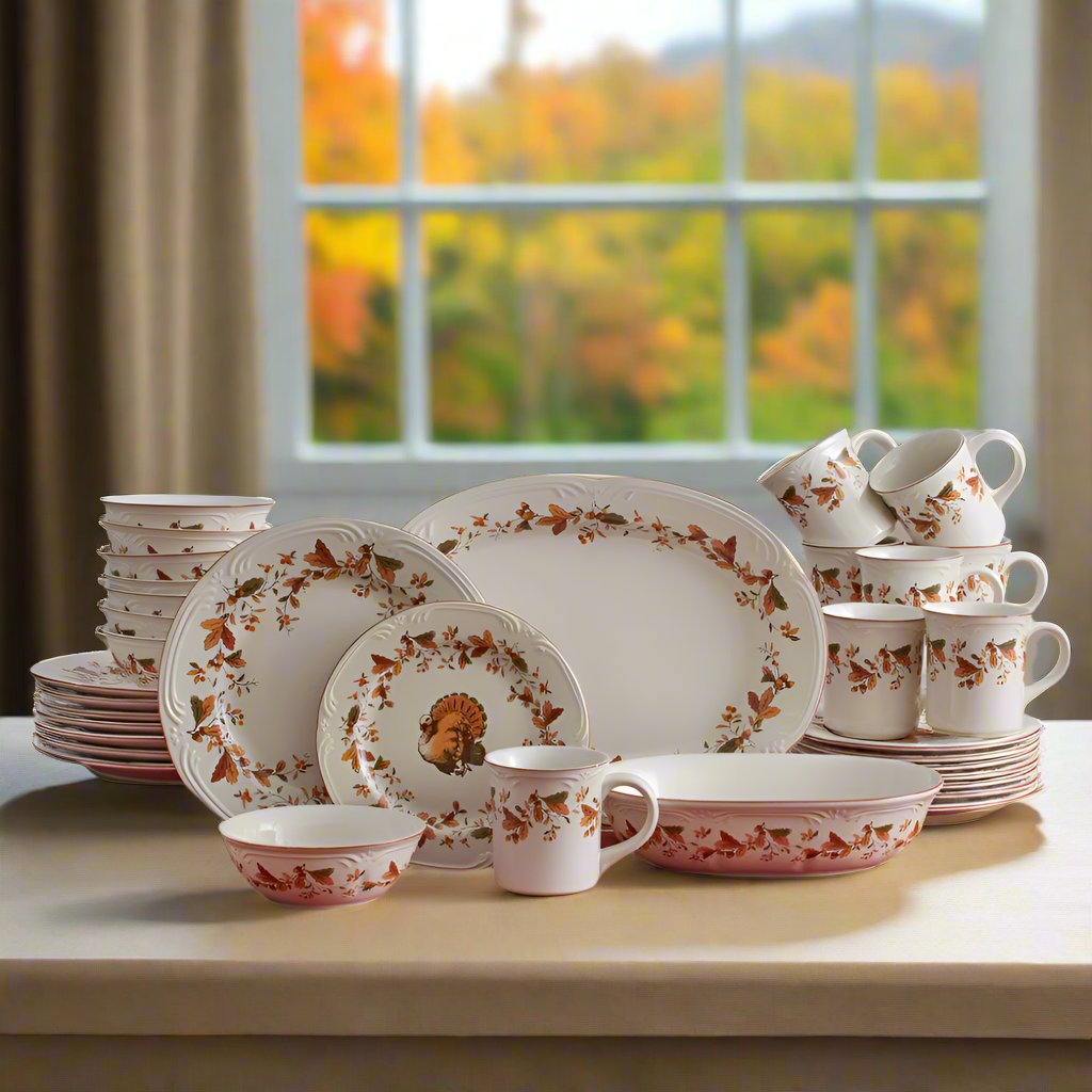 Autumn Berry Dinnerware Set for 8 on a table setting with serveware