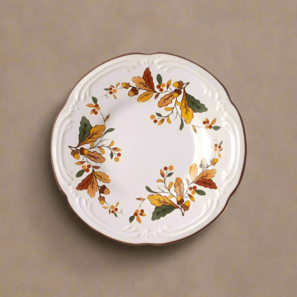 Close-up of Autumn Berry stoneware appetizer plates stacked for display