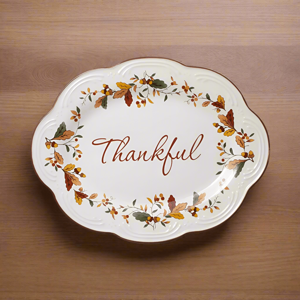 Thankful Autumn Small Oval Serving Platter from above showing fall leaves and nuts design.