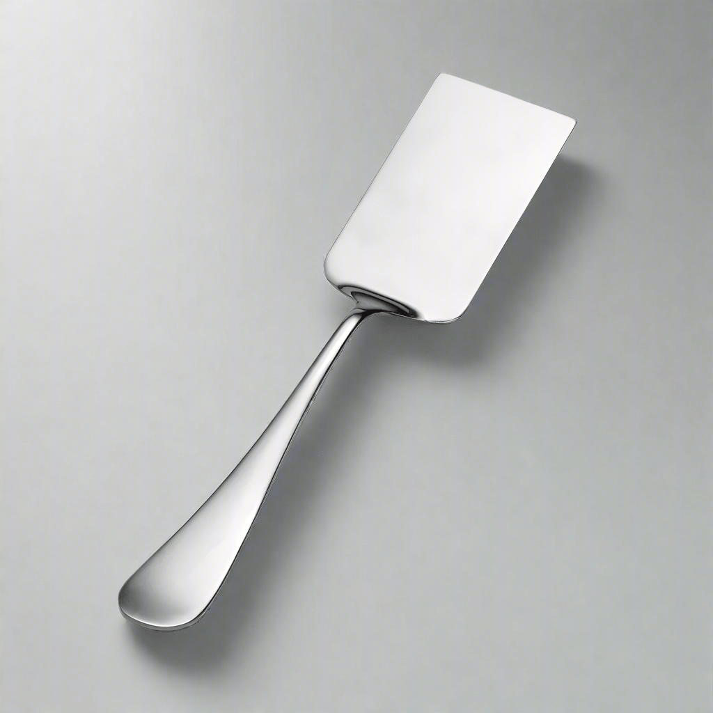 Angled view of stainless steel flat server scooping lasagna from a ceramic dish