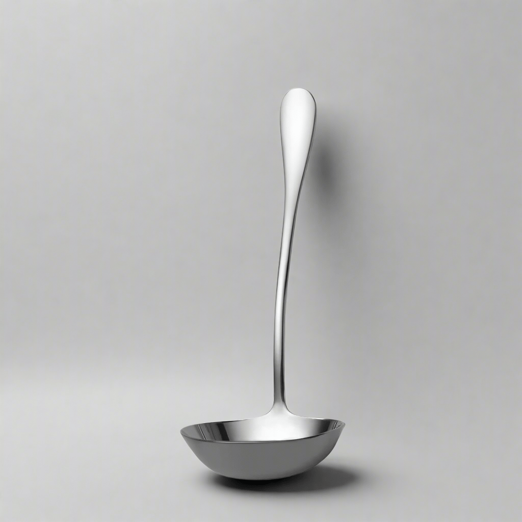 Close-up of stainless steel ladle showing pouring rim and polished finish