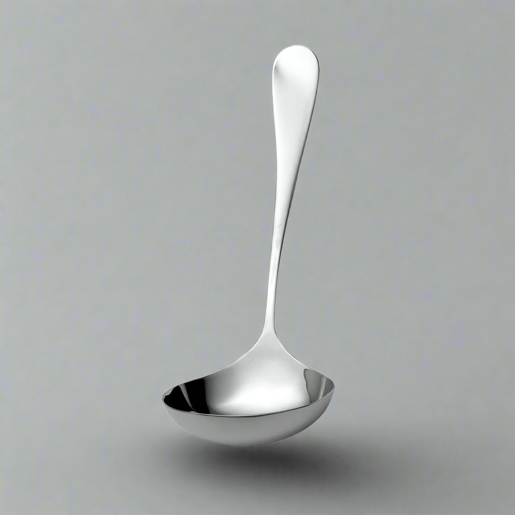 Close-up of stainless steel soup ladle with ergonomic handle for easy serving