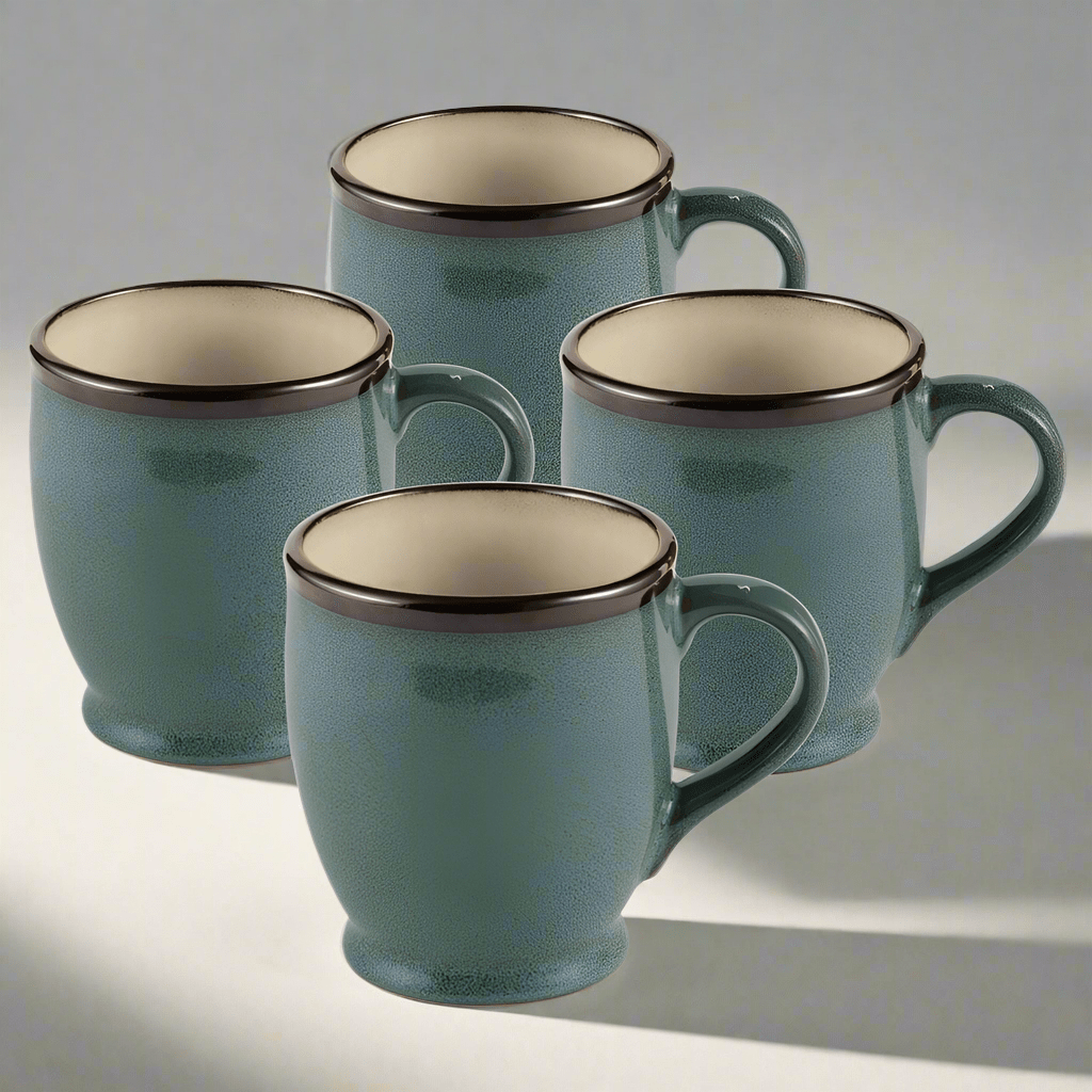 Side view of Belmont blue mug showcasing unique glaze patterns.