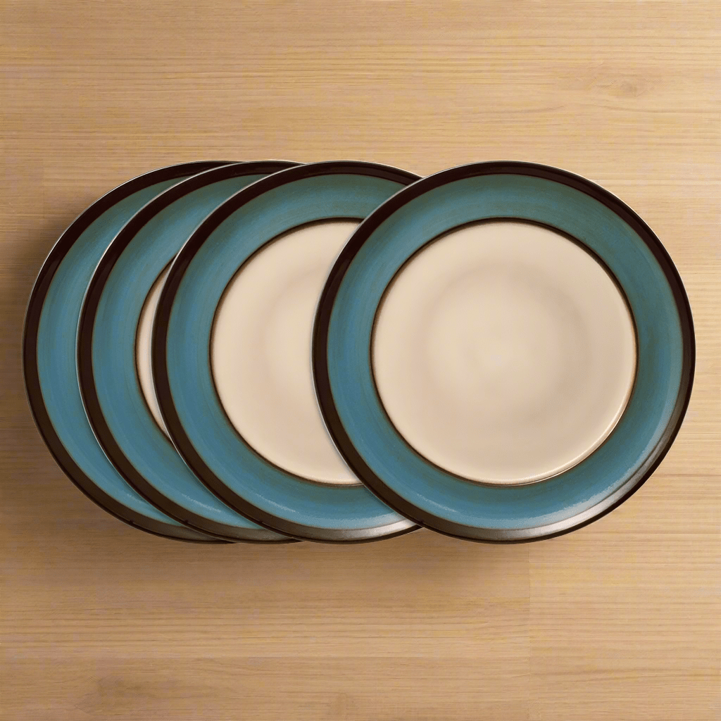 Close-up of blue reactive glaze dinner plate showing unique color variations