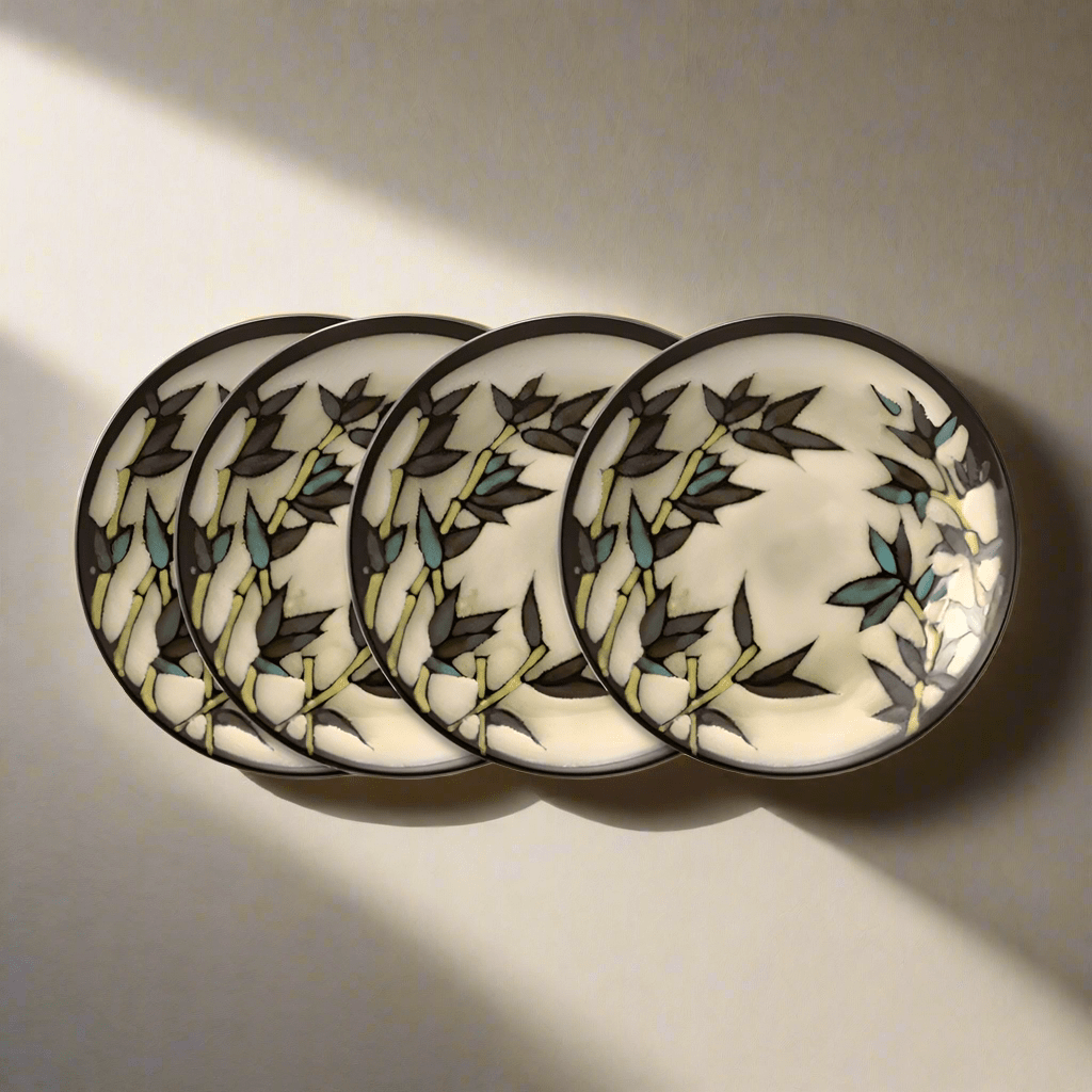 Close-up of reactive glaze stoneware salad plates showing unique color variations