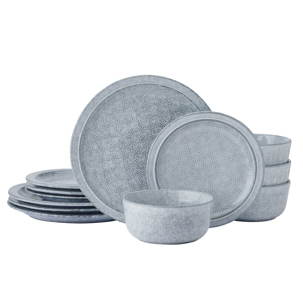 Set of stylish casual dining blue dinnerware on a modern table