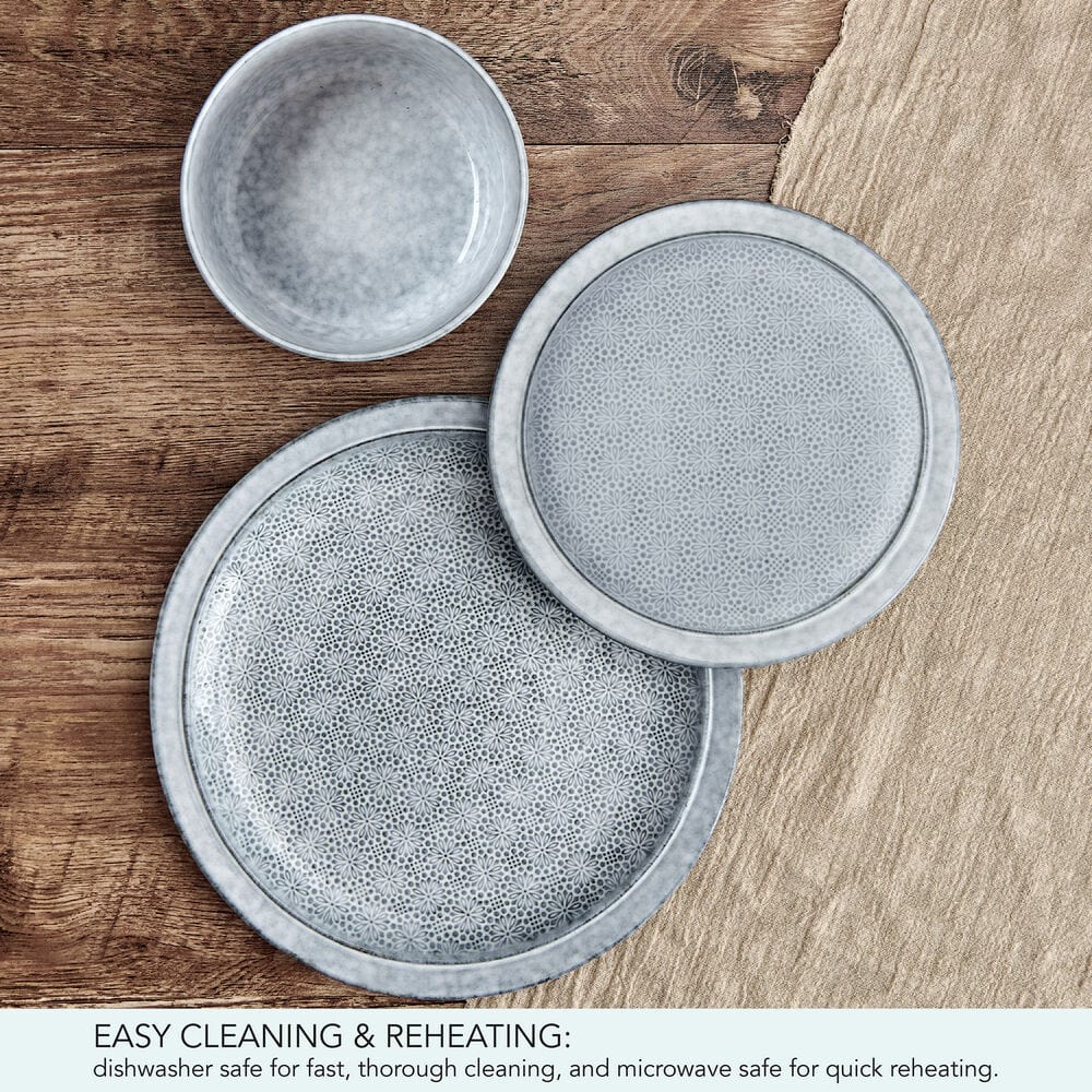Set of stylish casual dining blue dinnerware on a modern table