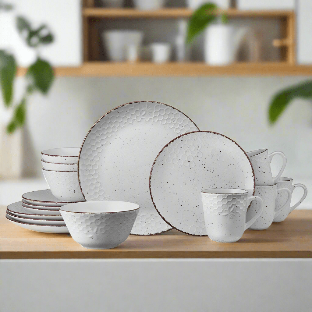 Close-up of reactive glaze dinnerware set showing the unique color variations