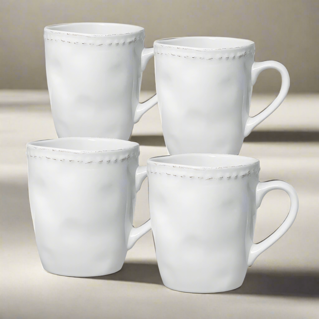 Close-up of beaded rim on antique-style stoneware mug