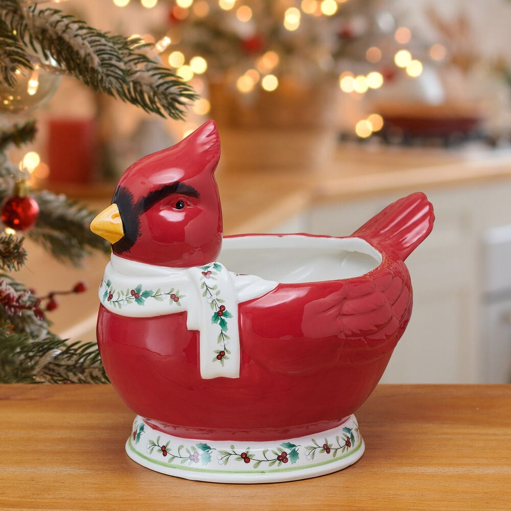 Close-up of the Cardinal Delight Holiday Serving Bowl showcasing the Winterberry design.