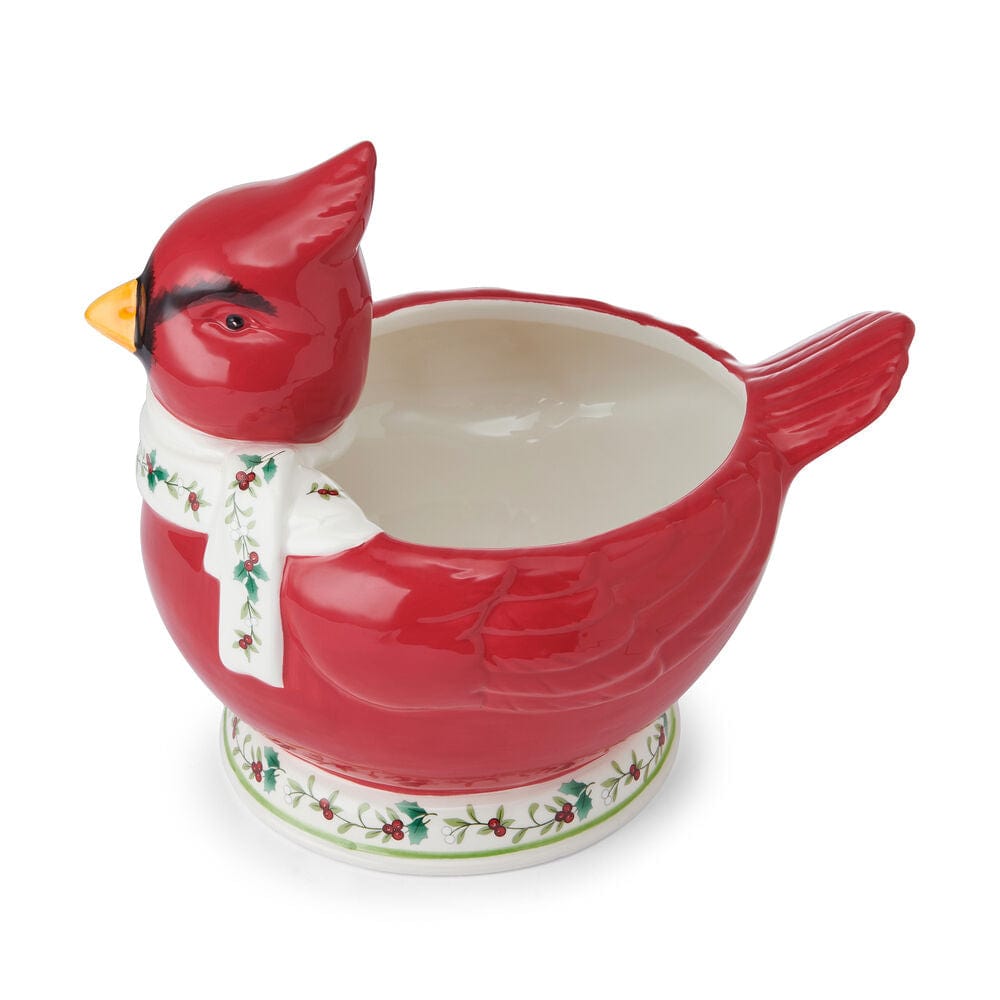 Side view of the serving bowl displaying its vibrant red color and intricate details.