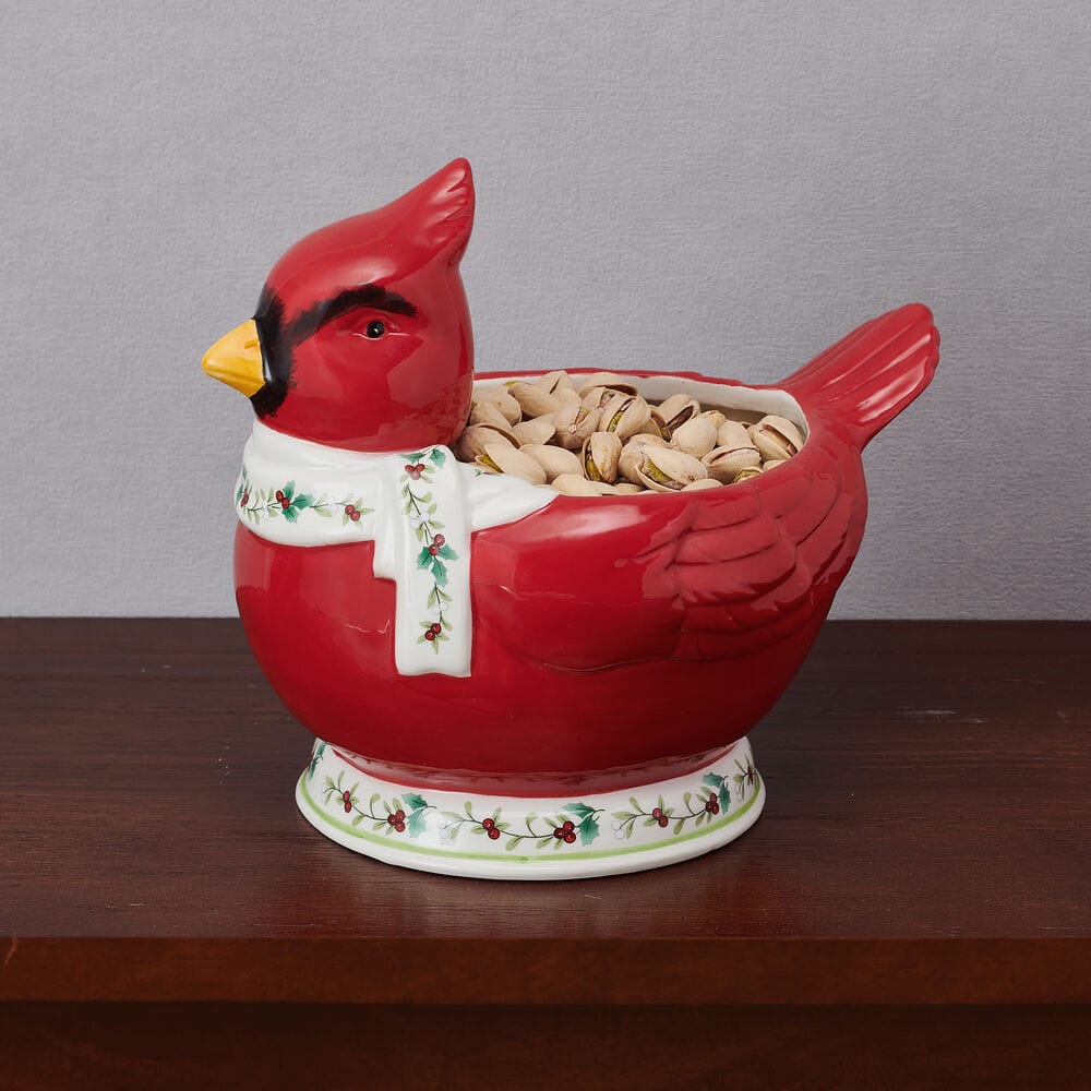 Close-up of the Cardinal Delight Holiday Serving Bowl showcasing the Winterberry design.