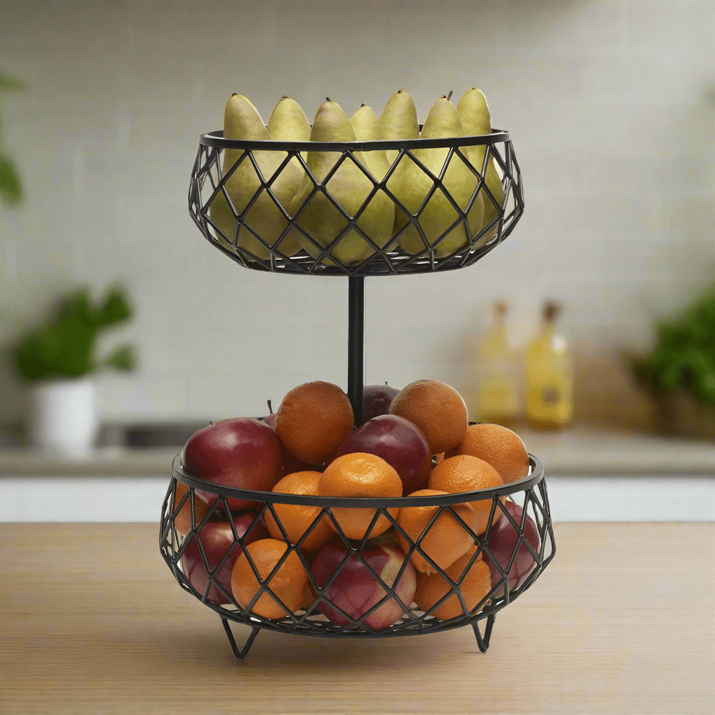 Close-up of Scott Living Catalyst 2-tier wire storage basket showing open-wire design and antique black finish