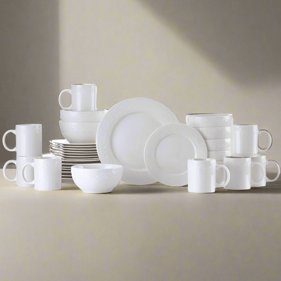Charlotte porcelain dinnerware set arranged on a dining table for family meals