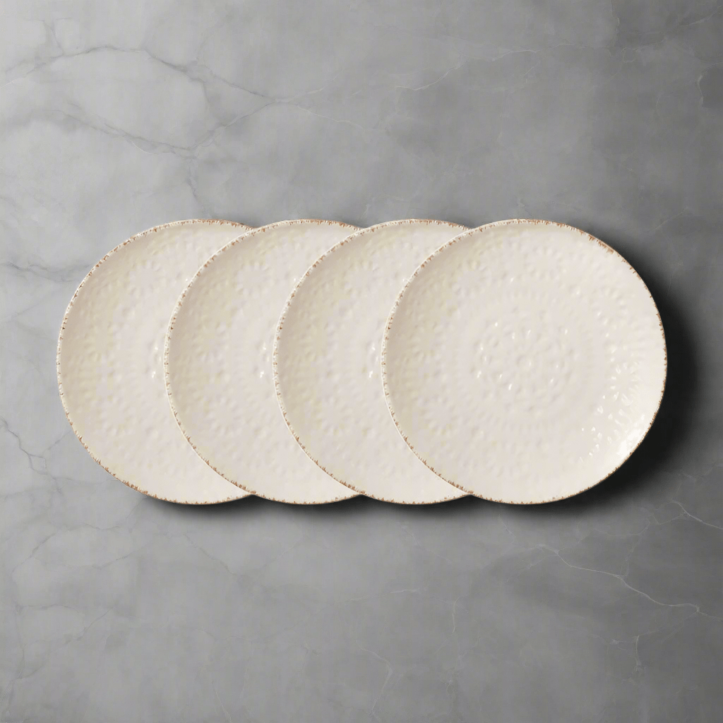 Side angle showing stack of decorative plates ready for party appetizers or elegant snacks